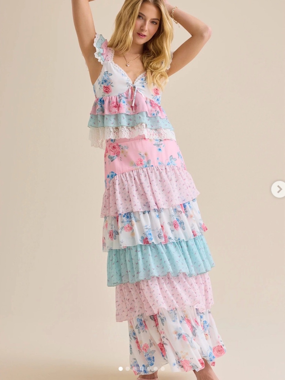 Altar'd State Pink Floral Tiered Maxi Skirt and Top Set